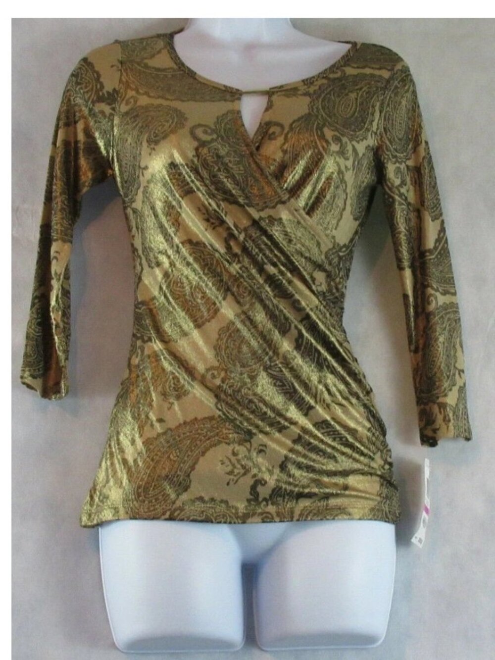 INC Women's 3/4 Sleeve Surplice Keyhole Top, Gold Paisley, PS Petite Small, NWT